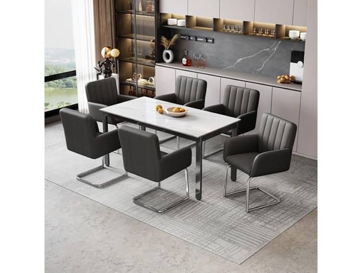 YAIXBNG 6er Set Esszimmerstühle mit vertikalen Streifen,Gepolsterter Sessel mit zickzackförmige Metallbeine,Lounge-Stuhl,Wohnzimmerstuhl,Kunstleder,Schwarz