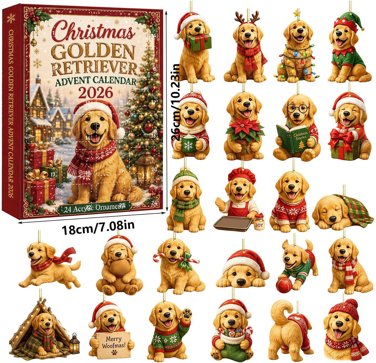 Golden Retriever Kerst Adventskalender met 24 stuks 2D Acryl Hangornamenten voor Kerstboomversiering