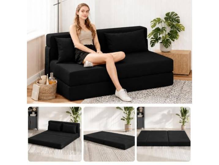 Furntrastar Modernes L-förmiges Schlafsofa ohne Montage – 4-Panel-Design, platzsparend, vielseitig für kleine Wohnzimmer, Apartments & Büros, als Gästebett umwandelbar, inkl. Kissen, Schwarz