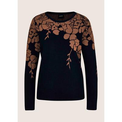 Longpullover MADELEINE "Pullover Strickpullover mit Blüten-Jacquard", Damen, Gr. 34, schwarz (dunkelblau, espresso), Modern, regular fit, Pullover Longpullover