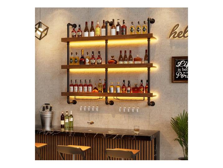 PEALOV Weinregal mit RGB LED Licht & Glashalter, 3-stufiges Wandregal für Weinflaschen, Wandmontiertes Weinaufbewahrungsregal für Küche, Bar und Restaurant