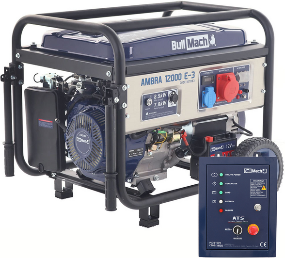 BullMach AMBRA 12000 E-3 - Benzin-Stromerzeuger mit Rädern 8.5 kW - Dauerleistung 7.8 kW - 400V + ATS