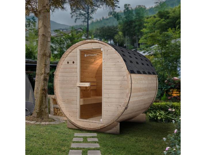 Artsauna Outdoor Fasssauna Spitzbergen 180 für 4 Personen - 6 kW Ofen & Zubehör