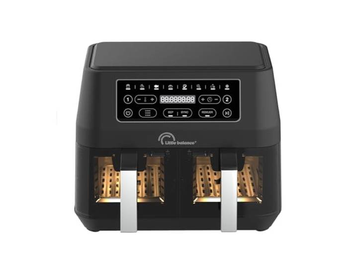 LITTLE BALANCE 8765 Crousty Light Duo, Fritteuse ohne Öl, Air Fryer, 2 Schubladen, Antihaft, PFAS-frei, 8 voreingestellte Programme, 7,6 Liter für bis zu 6 Personen, 2460 W, Schwarz