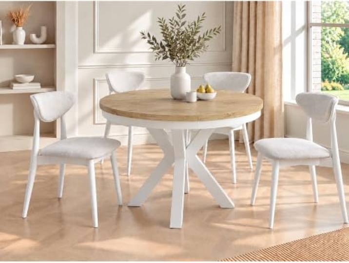 WFL GROUP Runder Ausziehbarer Esstisch im Loft-Stil - Industrieller Tisch mit Weißen Metallbeinen - Platzsparender Tisch für Wohnzimmer - Lancelot Eiche - 100 bis 180 cm