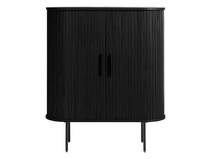 Trendstore Uriel Highboard in Lamellenoptik, Schiebetüren, moderner Retrolook, Lamellen-Design, Metallakzente, praktische Metallfüße, 2 Einlegeböden, Wohnzimmer, Lamellen Eiche Furnier schwarz