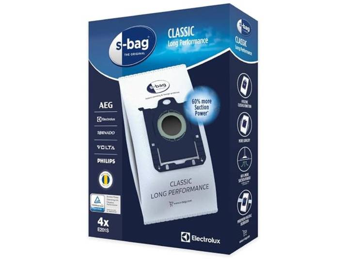 Electrolux E201S Sacs Aspirateur S-Bag Long Performance\, Boite de 4 Sacs\, 3\,5 litres\, Powerflow\, Système de Fermeture Automatique hygiénique\, Convient à de Nombreux Types d'aspirateurs