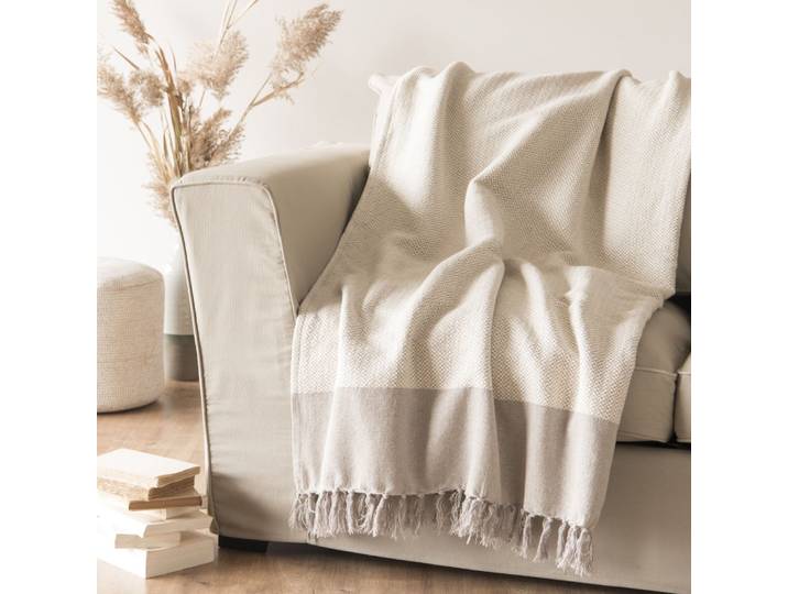 Plaid en coton recyclé tissé beige et écru 160x210