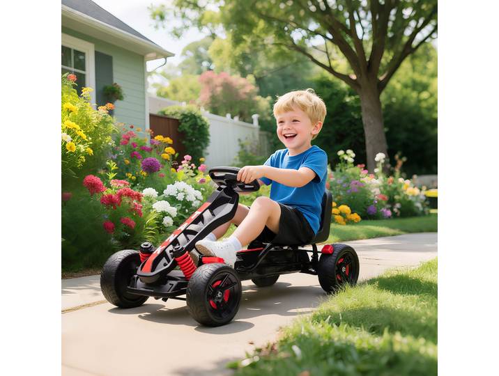 AIYAPLAY Kart à Pédales Enfant 3-6 Ans Roues EVA Frein Rouge
