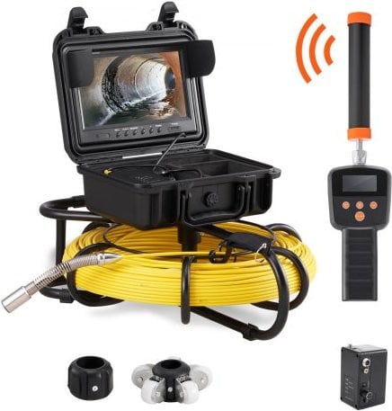 VEVOR rioolcamera met 512 Hz tracking en DVR-functie, 23 cm pijpinspectiecamera met 12 verstelbare LED's en 16 GB SD-kaart, geel