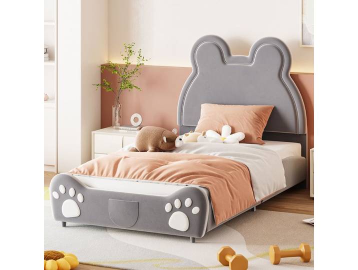 Lit enfant rembourré gris en forme d'ours 90 × 200 cm