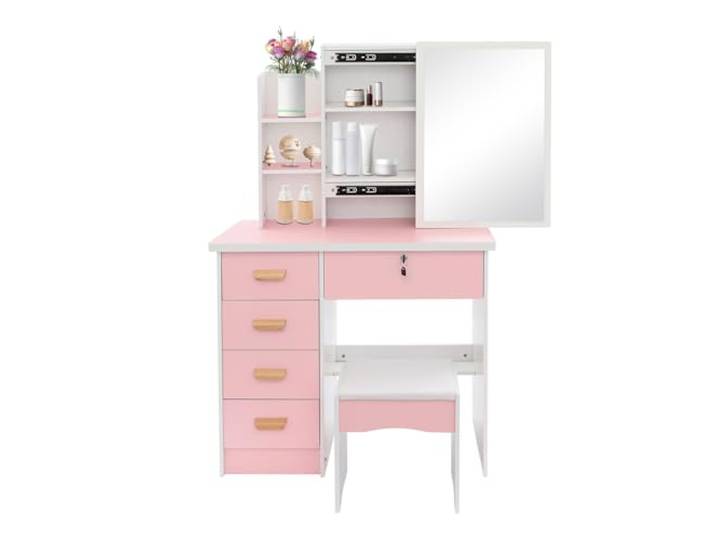 Rosa Schminktisch mit Spiegel & Hocker, Modern Kosmetiktisch mit Schubladen Stabiler Schminktisch mit großem Spiegel & viel Stauraum, belastbarer Hocker, multifunktional für Schlafzimmer & Wohnräume.
