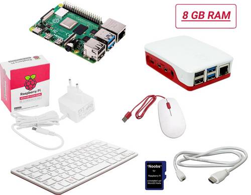 Raspberry Pi Desktop Kit 4 B 8GB 4 x 1.5GHz inkl. Tastatur, inkl. Maus, inkl. Noobs OS, inkl. Netzteil, inkl. Gehäuse, inkl