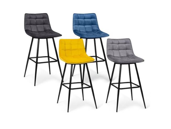 IDMarket - Set aus 4 Barhockern Mady aus Samt Mix Color blau, hellgrau, dunkelgrau, gelb