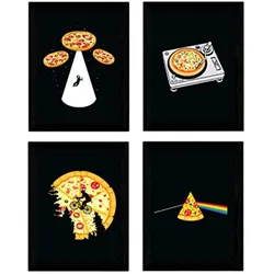 POSTER Set mit 4 beginnt Pizza (rosa Floder, ET, DJ und Aliens) A3 Schwarzer Rahmen