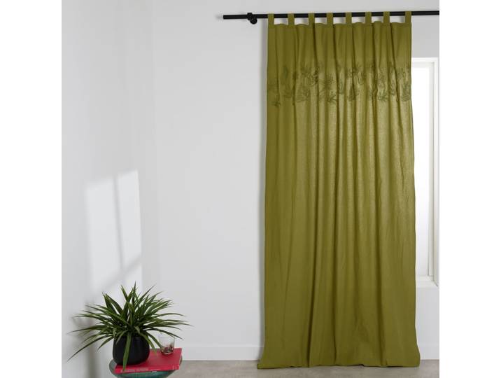 Rideau à pattes en coton motif floral en corde appliquée verte à l'unité 140x250
