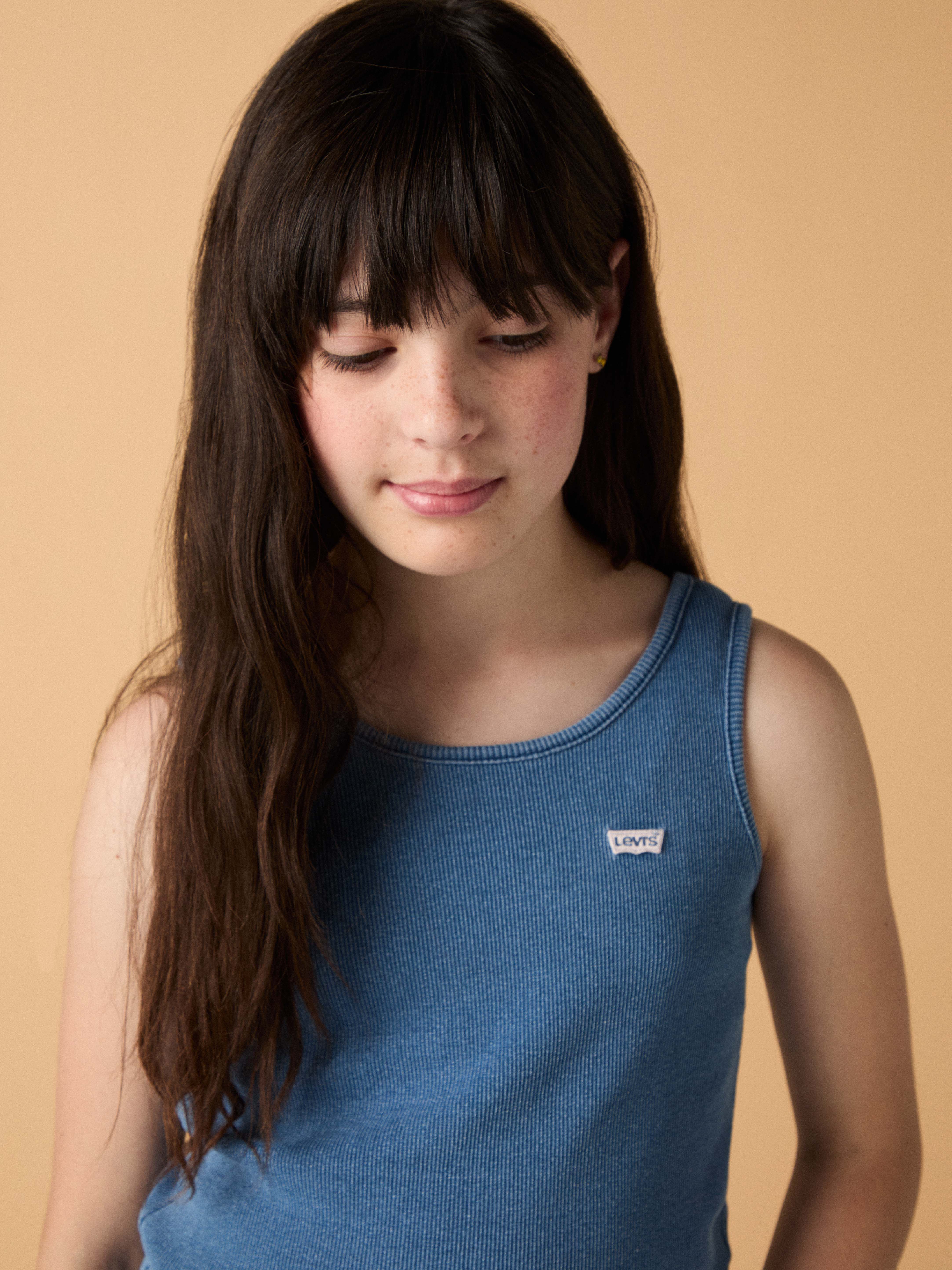 Ripptanktop LEVI'S KIDS "LVG MEET AND GREET RIBBED TANK", Mädchen, Gr. 8 (128), blau (blaus cruise), Obermaterial: 96% Baumwolle, 4% Elasthan, Rundhals, Tops Ripptanktop, for GIRLS