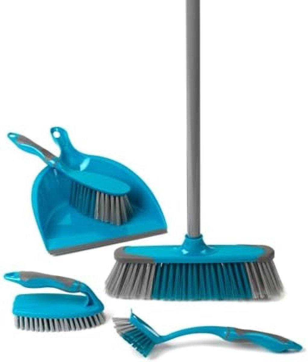 PromoHome 5-delige schoonmaakset met handveger, vloerbezem, schrobber en afwasborstel, turquoise, 120 cm