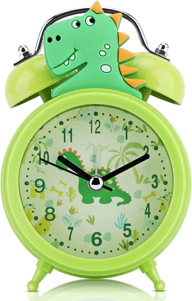 SnelShoppen Dinosaur Alarmklok voor Kinderen - Schattige Groene Wekker met Dubbele Bel en Stille Werking