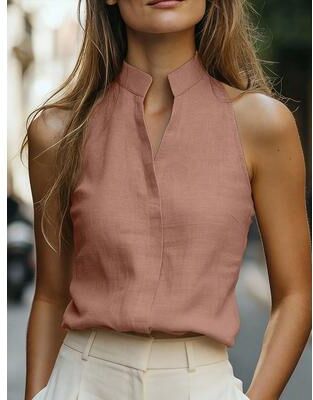 Daily Discovery Women's Linen Blend Top Sleeveless Summer Blouse Mock Neck Relaxed Fit pink xl