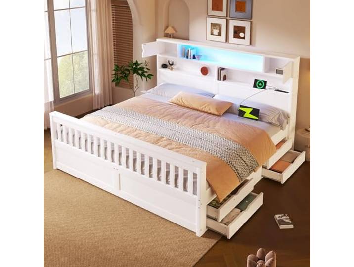Holzbett Plattformbett 180x200 mit LED-Licht & Regal & Kopfteil & USB, Weiß Multifunktionales Doppelbett Bettgestell mit LED-Beleuchtung, Schubladen, Regal, Kopfteil und USB-Anschluss, Ohne Matratze