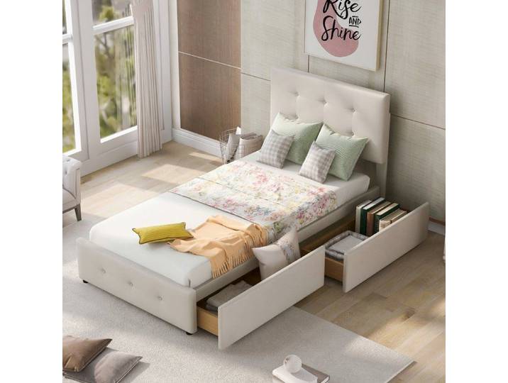 Lit enfant - VVBV - 90x200 - 2 tiroirs - Sommier à lattes inclus - Velours beige