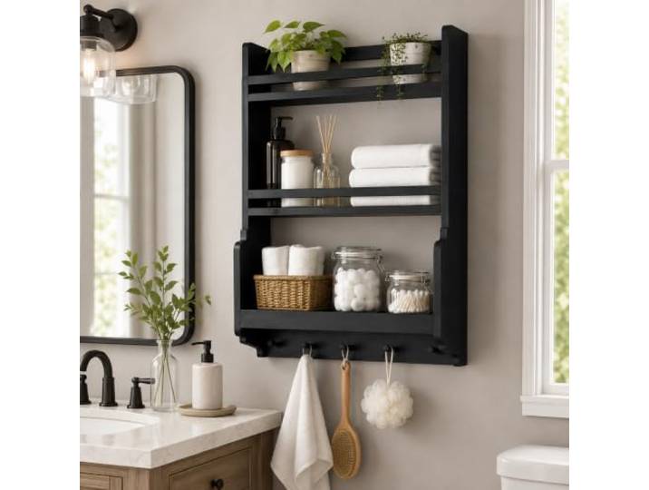JSWHYBD 3-stufiges Wandregal aus Massivholz mit Haken fürs Badezimmer Platzsparendes Wandregal für Bad, Küche, Flur, Waschküche und Schlafzimmer(Black)
