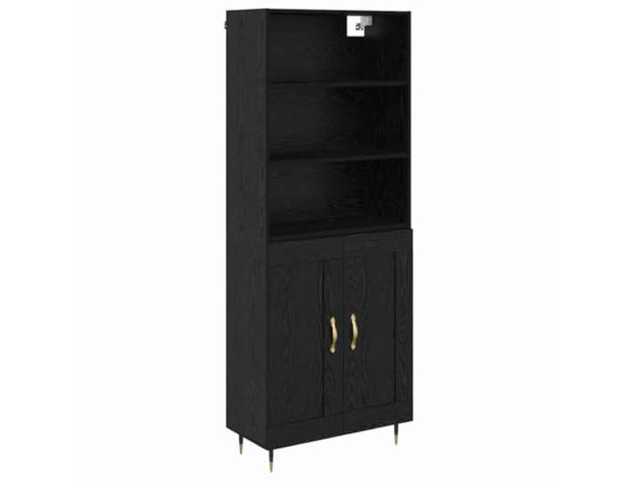 GHVBNMF Highboard Schwarz Eichen-Optik 69,5x34x180 cm Holzwerkstoff Elegantes Hochboard in Schwarz Eichen-Optik mit zwei Türen und goldenen Griffen für Wohnzimmer, Esszimmer und Flur.