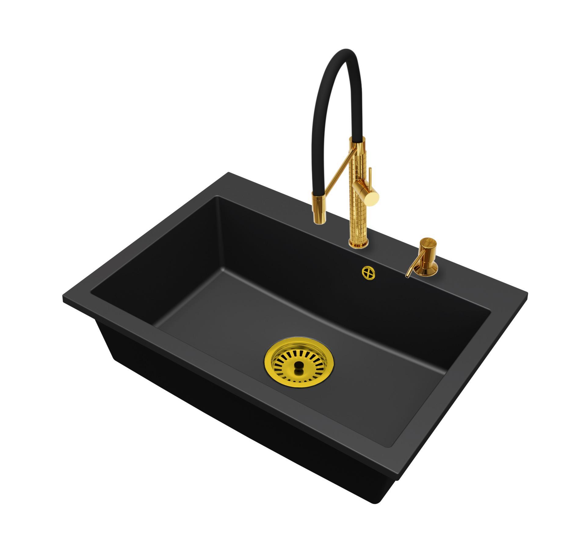 Granitspüle Küchenspüle Einbauspüle 1 Becken Elite 70 mit Armatur Gold, Spender und Siphon Gold
