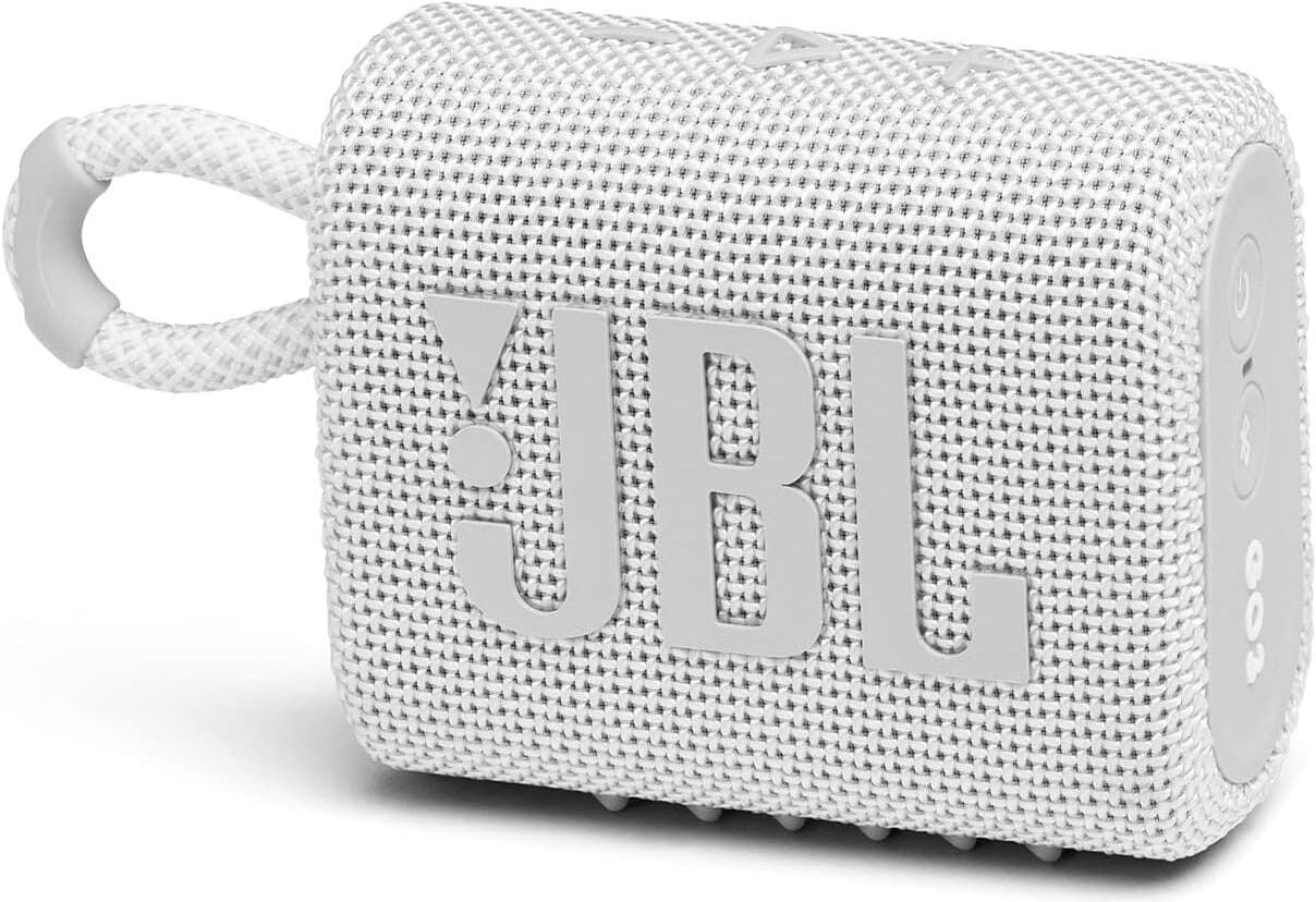 JBL GO 3 - Wireless Bluetooth portable speaker with integrated loop for travel with USB C charging cable - White, New