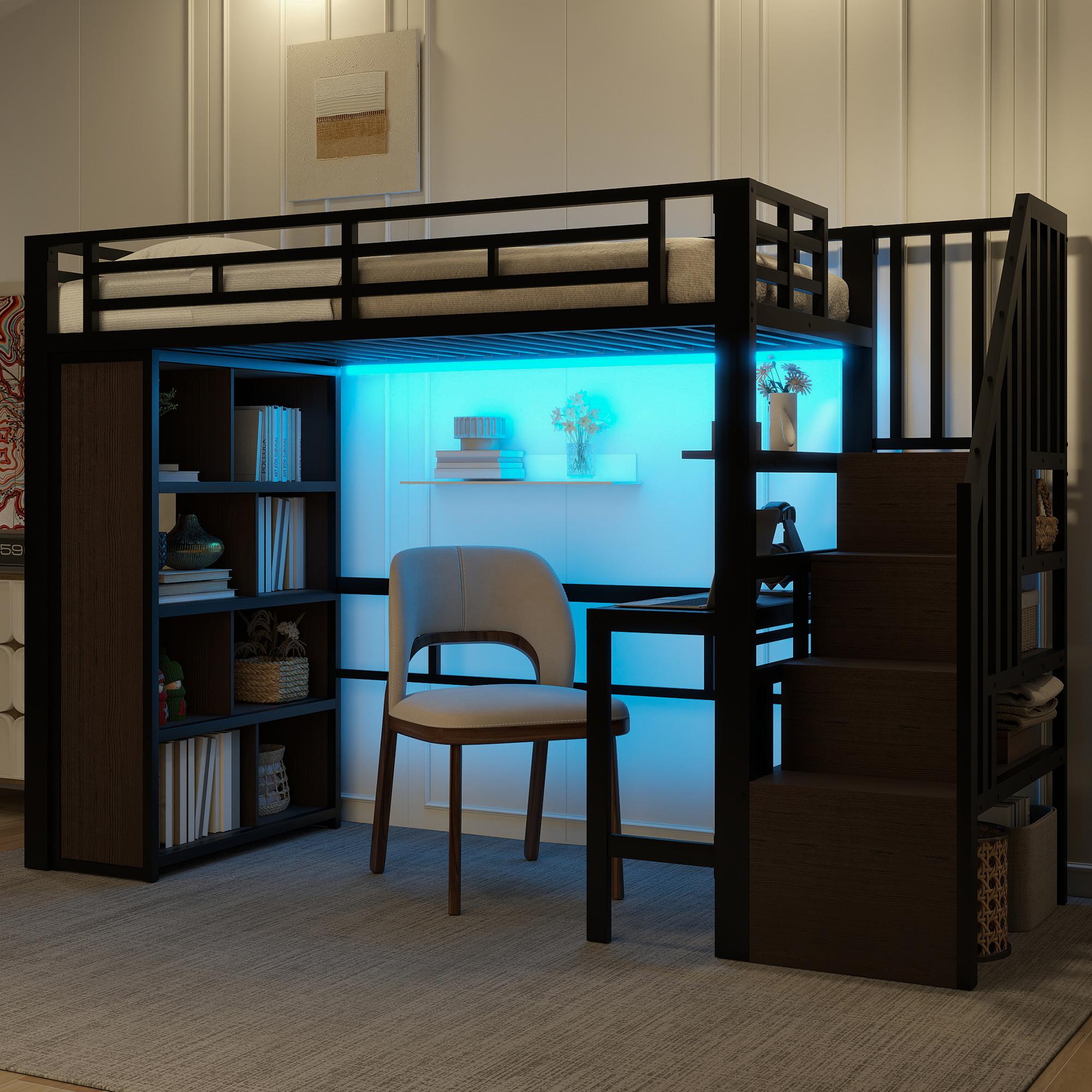 Merax Etagenbett Hochbett 90x200cm, Stockbett mit Schreibtisch, Treppe mit Stauraum, Ablagefächern, LED Lichtleiste, Kinderbett, Stockbett, Schwarz
