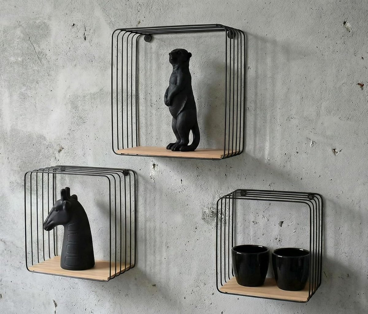 SnelShoppen Wandplank Set van 3 - Zwart Metaal en Bamboe Hout