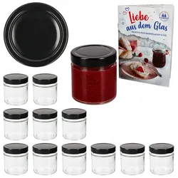 12er Set Marmeladenglas 212ml Einmachglas Deep TO70 Deckel Schwarz Heft