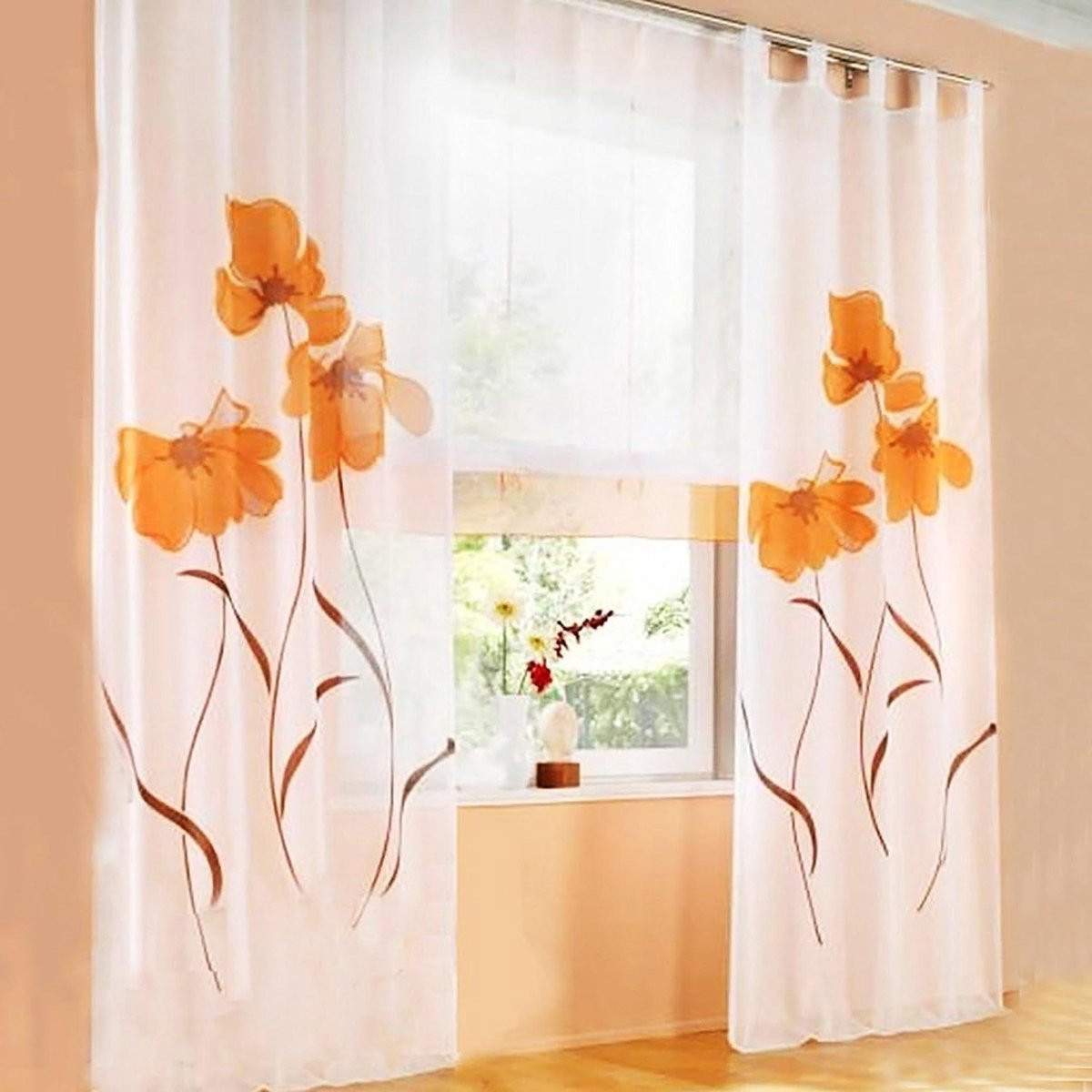 Transparant Vitrage Gordijn met Bloemenprint - Oranje - 150 x 225 cm