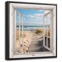 LEINWAND Bilder mit Rahmen - Fenster - Meer - Küste - Natur - Ausblick - Strand - Wattenmeer - 20x20