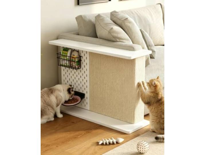 Kratzschutz Sofa Katze Couchtisch mit Integriertem Kratzmöbel und Stauraum Multifunktionaler Eck-Beistelltisch für Katzen (mit Kratzschutz), 2-in-1-Ecktisch(White,90x30x50cm/35x12x20 )