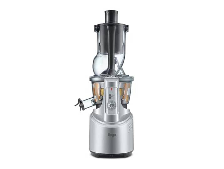 Sage The Big Squeeze\, Extracteur de Jus à Double Goulotte\, Moteur\, Argent Moteur 240W Ultra-Silencieux\, Grande Goulotte\, Pichet 1\,2L\, Bac à Pulpe 1\,5L; Jus Riche en Nutriments et Nettoyage Rapide