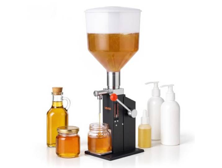 VEVOR Machine de Remplissage Manuelle de Liquide 10-120 ml\, Trémie 12 L Remplisseuse de Liquide pour Eau\, Miel\, Huile\, Shampoing\, Lotion\, Buse Anti-Goutte\, Plateforme Réglable\, en Acier au Carbone
