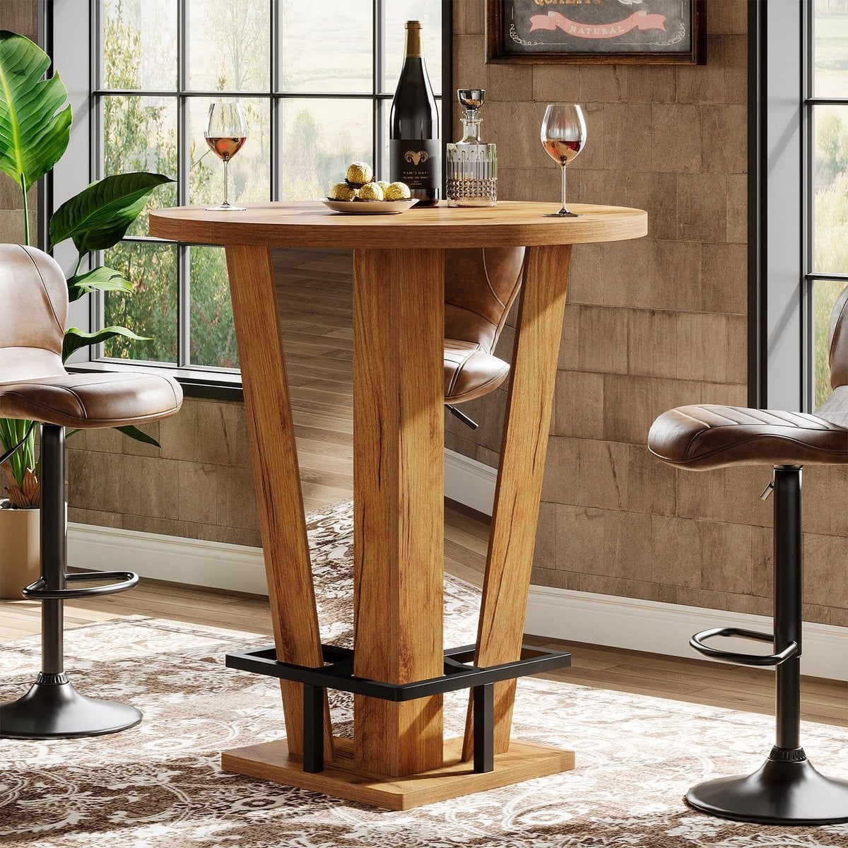 LITTLE TREE Ronde Bistrotafel Bruin - Hoog Model met Metalen Voetsteun - B/D/H: 80 x 80 x 100 cm