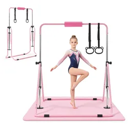 VEVOR Gymnastikstange für Kinder mit 63,5 kg Tragkraft, Klappbares Turnreck mit Matte, Höhenverstellbare Turnstange für Indoor- und Outdoor-Training, Heimtrainingsgerät für Kinderturnen zu Hause, Rosa