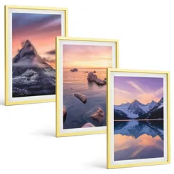 BILDER SET 3er Set - 40x60 cm Goldrahmen - Berglandschaft, See, Westen