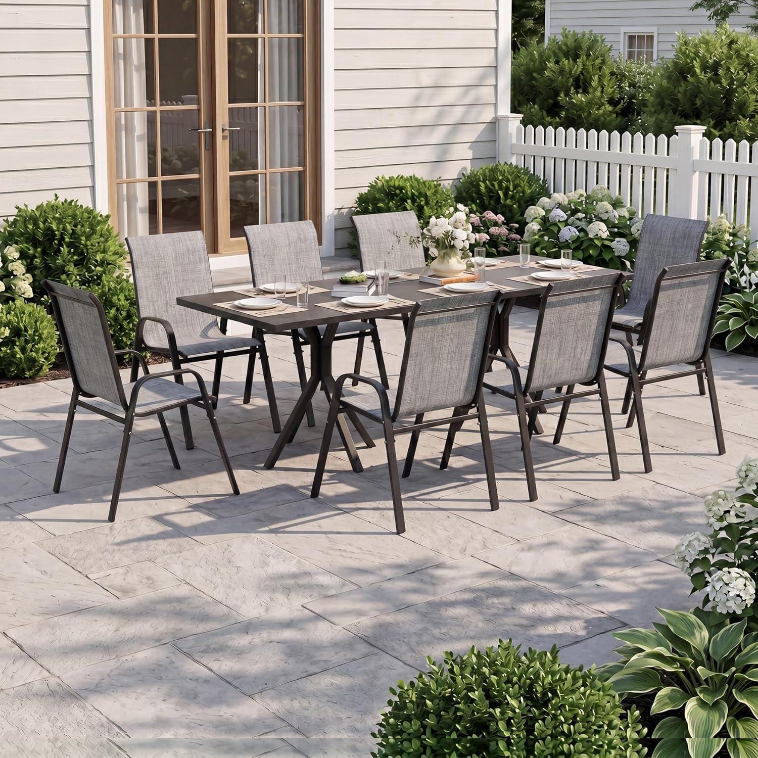 Hochlehner-Gartenstühle, wetterfeste Terrassenstühle mit Armlehnen aus atmungsaktivem Textilene und Stahlgestell für Garten, Balkon, Terrasse und Poolbereich, Grau, 8 Sitzplätze