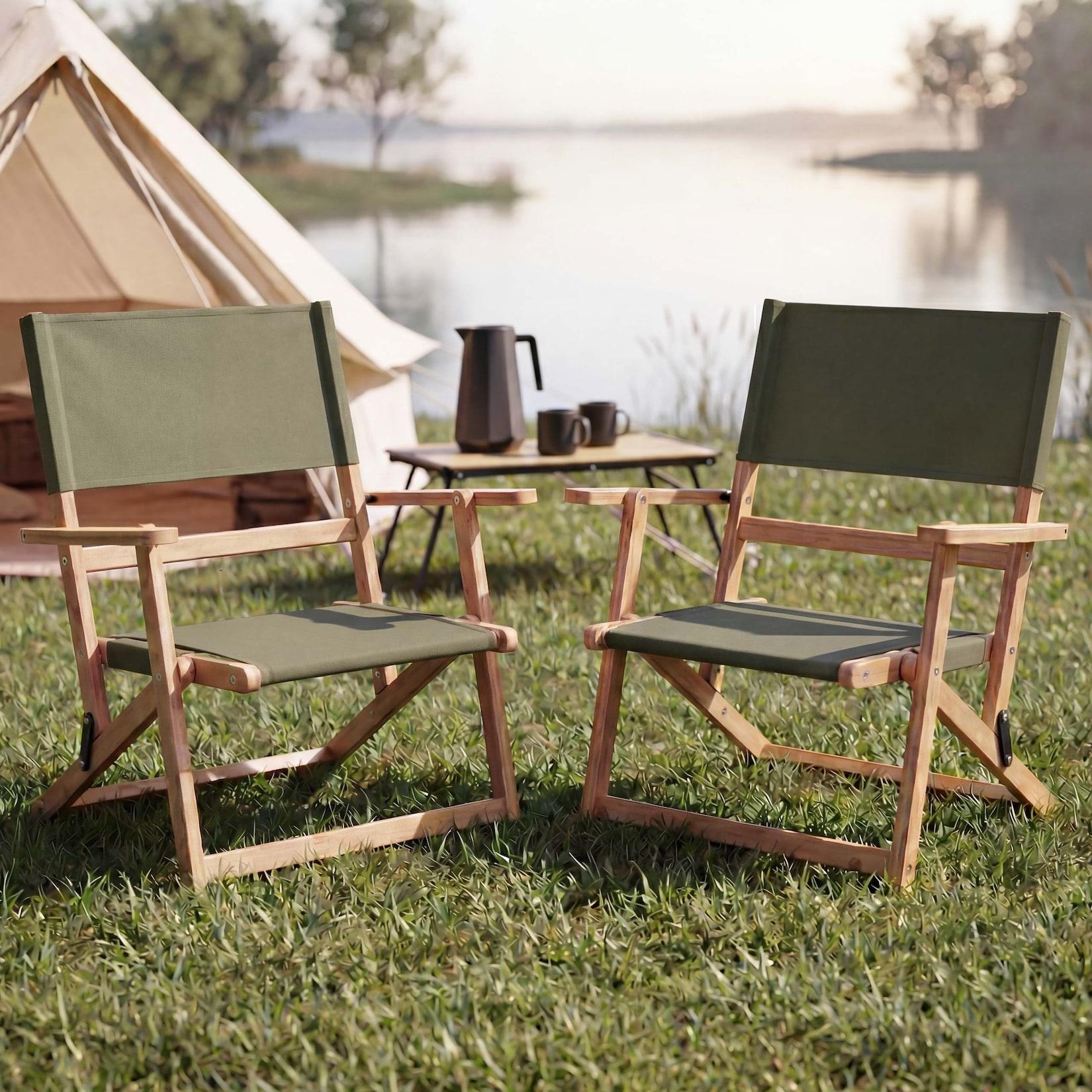 2er-Set Bambus Campingstuhl MCW-Q42, Gartenstuhl Balkonstuhl Freizeitstuhl klappbar Outdoor Stoff/Textil ~ grün