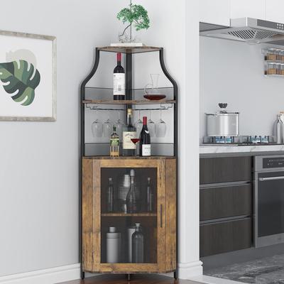Garvee Brown Farmhouse Wine Bar Corner Cabinet with Detachable Rack