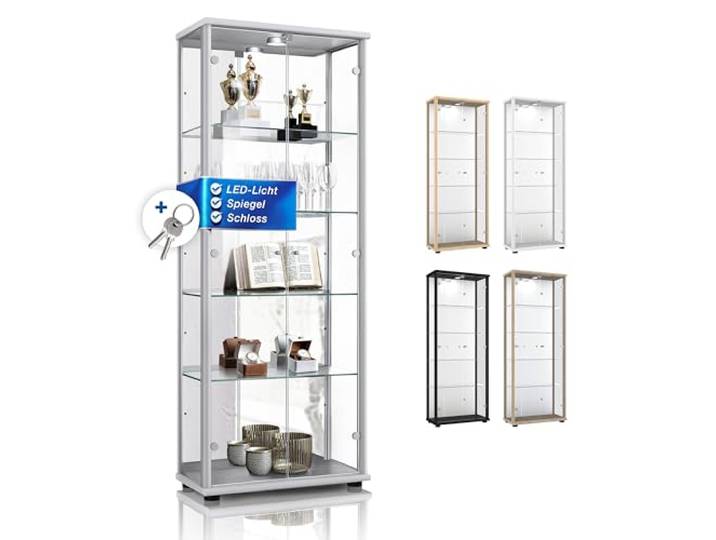 K-Möbel Glas Vitrinenschrank 2-türig (176x67x33cm) - Made in Germany - Standvitrine Silber/Alu mit 4 höhenverstellbaren Glasböden, Spiegel, Schloss & LED - Glasvitrine Stehend - Sammler