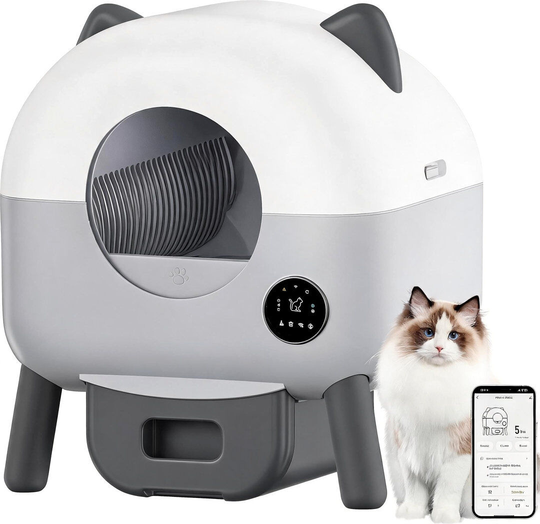 Happy Larry 76L Self-Cleaning Automatic Cat Litter Box with App Control - Anti-Pinch Safety Sensors - Odour Control Quiet Motor - Sleep Mode & Adjustable Ambient Gray 66cm H X 55cm W X 50cm D