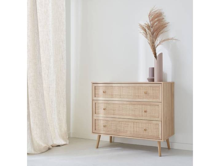 Commode en décor bois et cannage