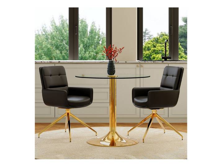 Fine Life Pro Essgruppe Tisch-Set, runder Glastisch, goldene Stützen, 85 cm, 2 schwarz-goldene Drehstühle, PU