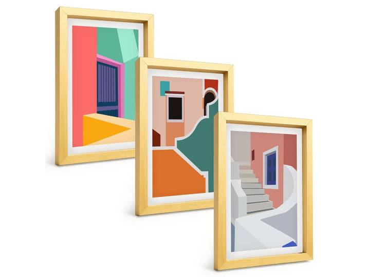 BILDER SET 3er Set - 20x30 cm Goldrahmen - Farbenfrohe Illustrationen von Gebäuden