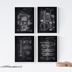 POSTER Set mit 4 Schwarz MusikPatenten A4 Schwarzer Rahmen